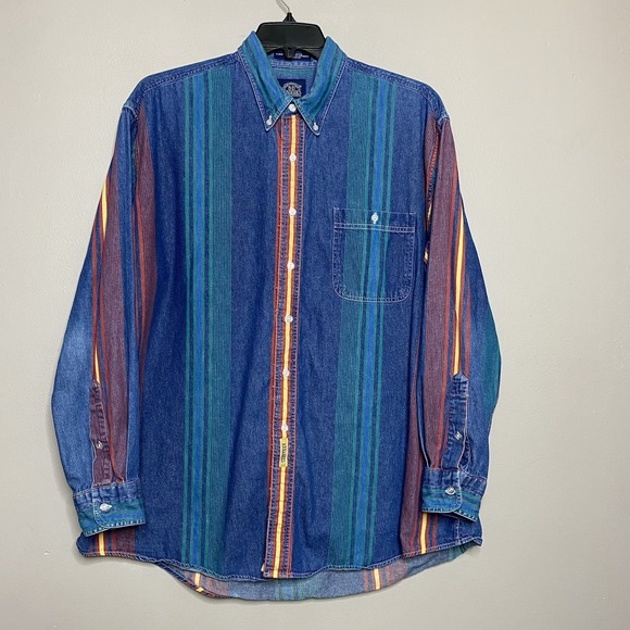 B.D.BAGGIES Men's Size XL Long Sleeve Shirt Button Down Blue Multi Striped Y2K - Picture 1 of 13